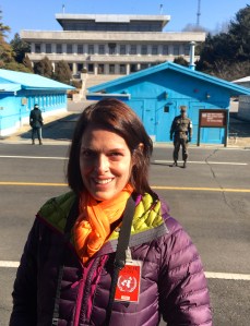 We were over the border when we entered the blue building. The large building in the back is North Korea.