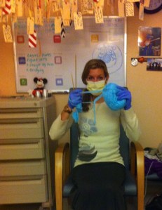 Mychaela knit me a beanie during her visits to my bubble!