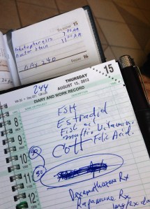 Todd and Mike (husband of my neighbor at COH, who had her transplant 4 days after me) comparing calendars where they both write the day post transplant.